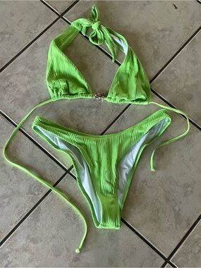 Neon Green Ribbed Tie-Back Kids One Piece
